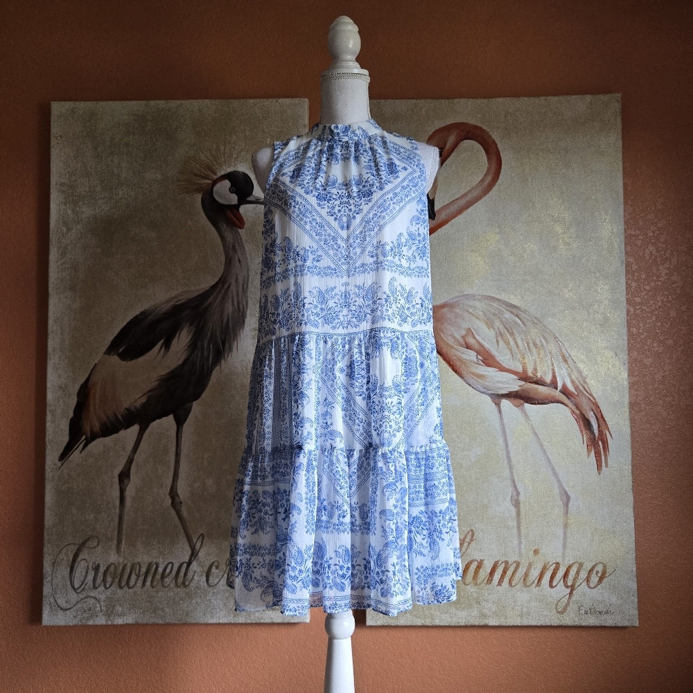 NWT Calvin Klein CK Paisley Floral Mini Dress Sleeveless Blue White 8 Flowy